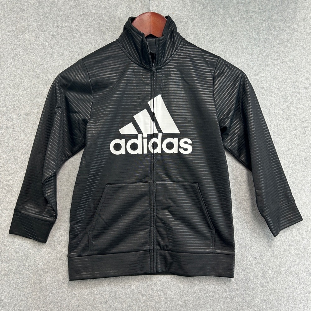 adidas Track Jacket Black Tonal Striped Logo Full‎ Zip Athletic Kids Boys Size 7